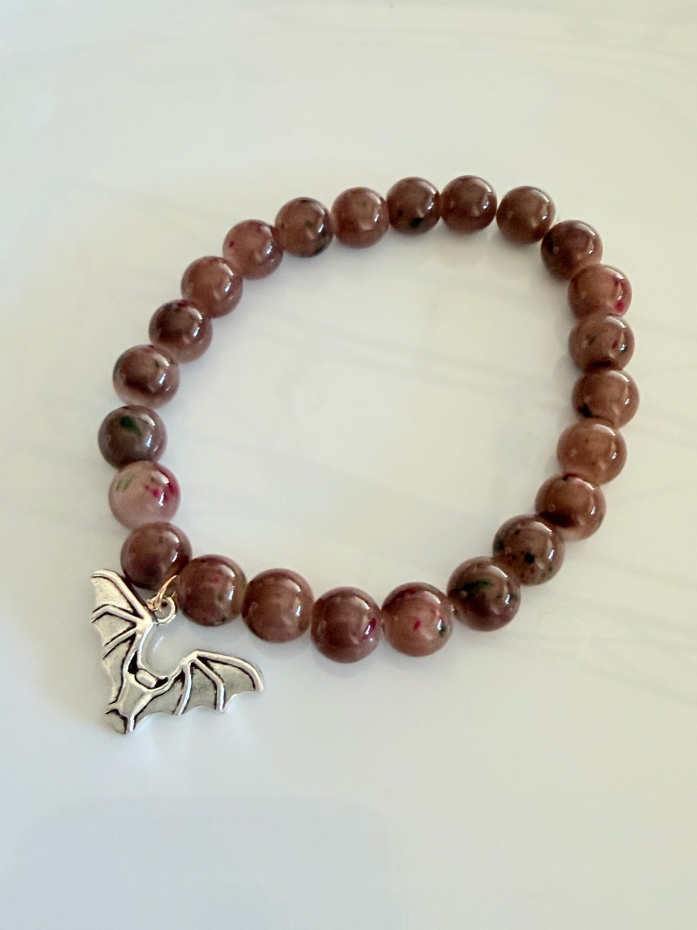 Handmade Brown Bead Bracelet with Silver Bat Charm Fall Goth Jewelry